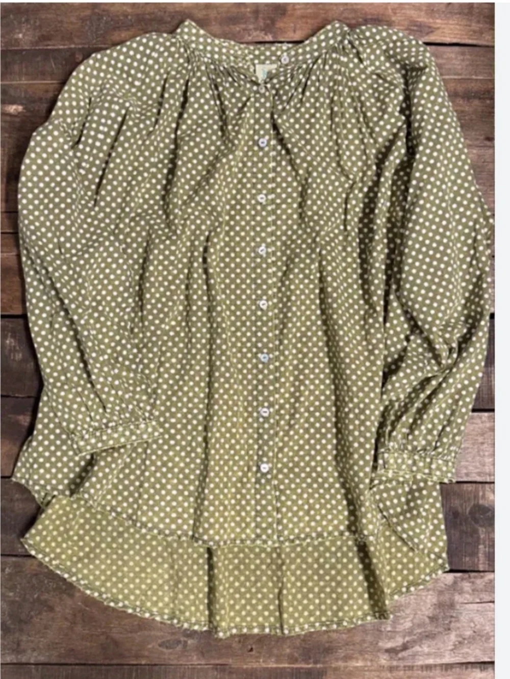 Jaded Gypsy oversized olive green white polka-dots versatile. Boho Raw Hems OS - Picture 1 of 10